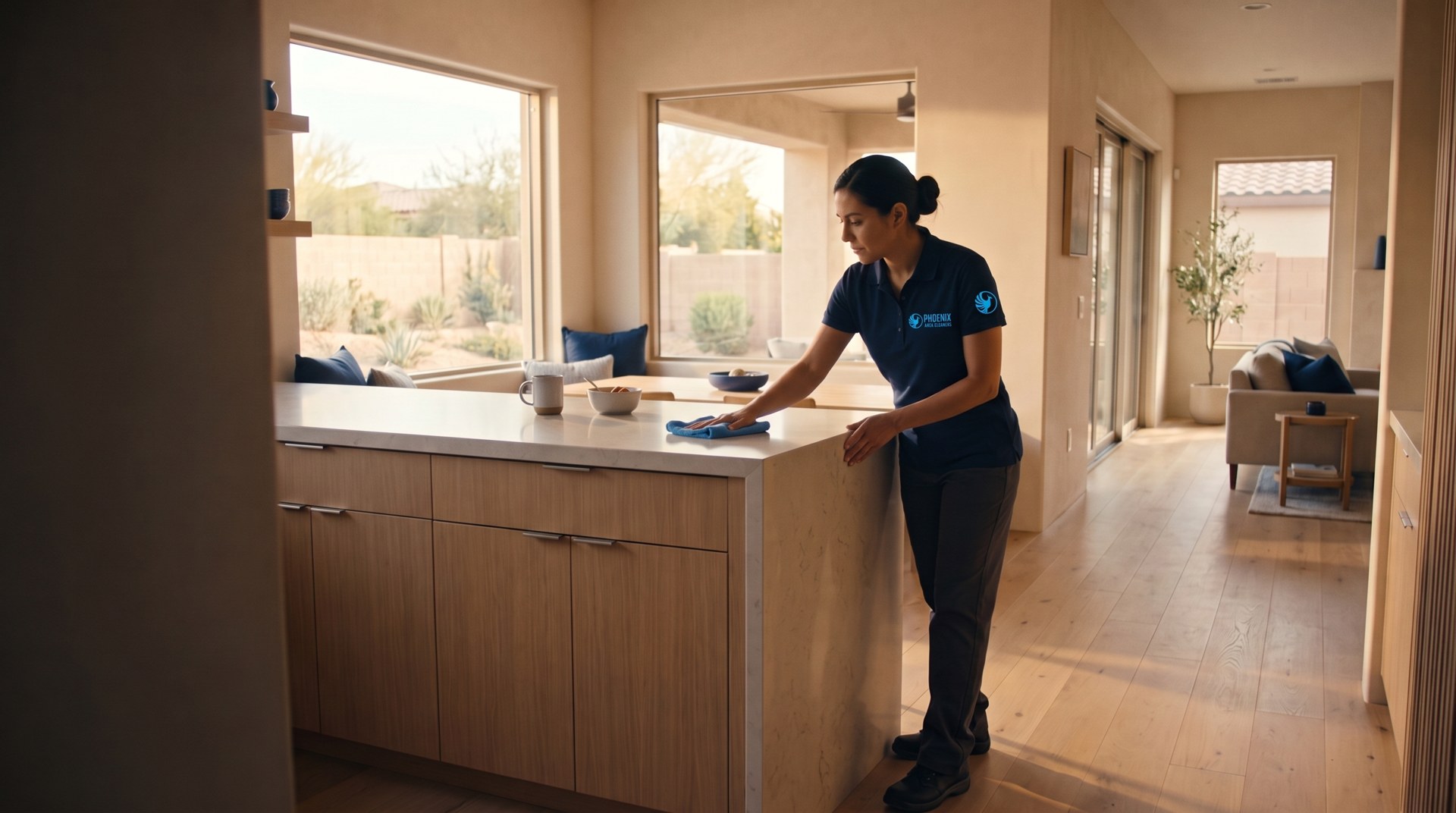 Cleaner wearing a Phoenix Area Cleaners polo, caring for a home