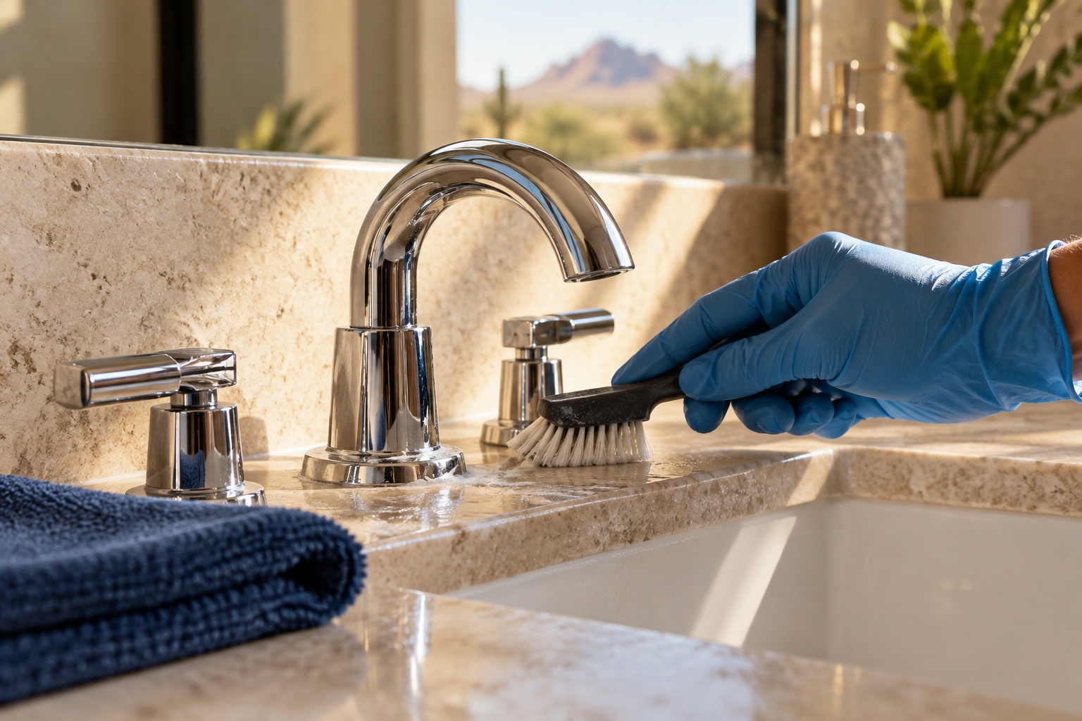 Blue-gloved hand detailing a bathroom faucet with a brush